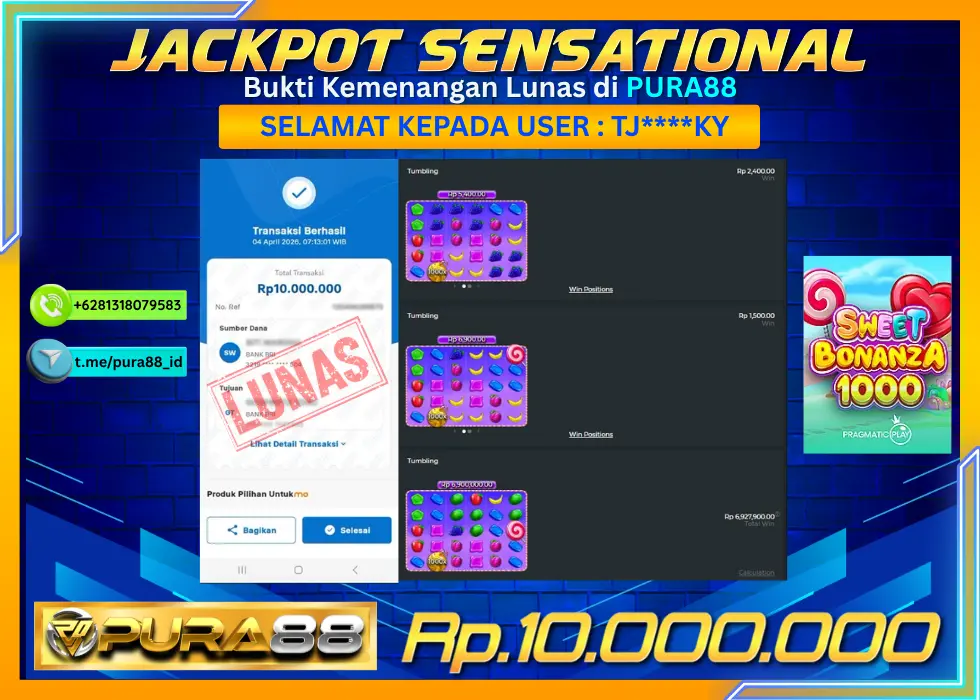 PURA88 JACKPOT SWEET BONANZA 1000 Rp 10.000.000,- LUNAS